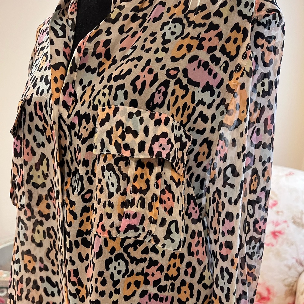 COPY - BCBG neon leopard blouse with front pockets. Size L